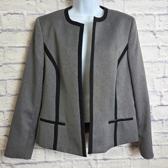 Black Label by Evan Picone Size 10 Open Front Jacket Gray Black Contrast Trim - Picture 2 of 11